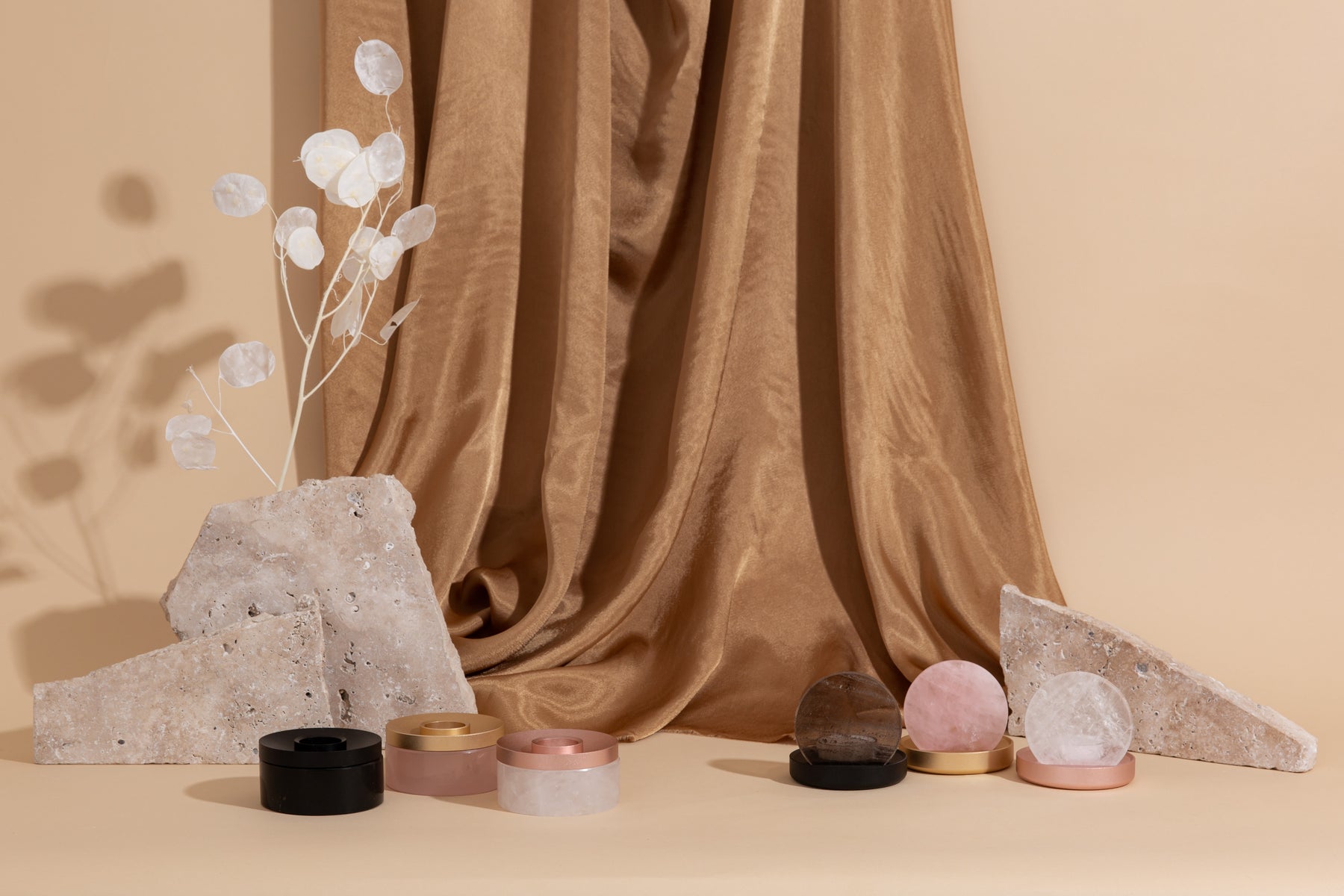 Australian designed crystal homewares showcasing the beauty of rose quartz, smoky quartz and clear quartz.  
